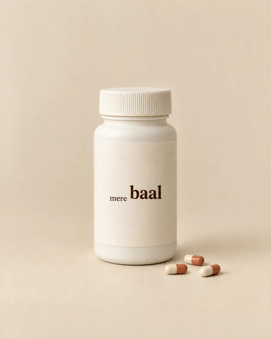 A MereBaal bottle with cream and terracotta capsules beside it