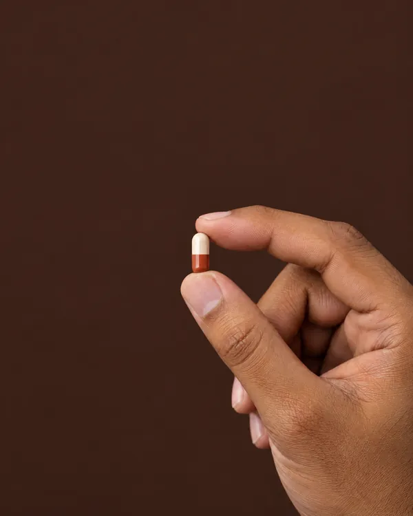 A hand holding a cream and terracotta capsule