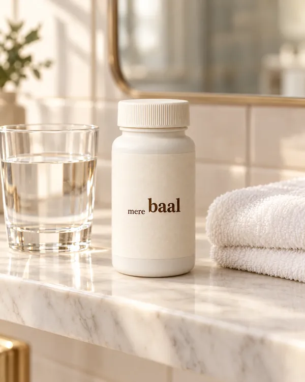 A MereBaal bottle on a bathroom shelf