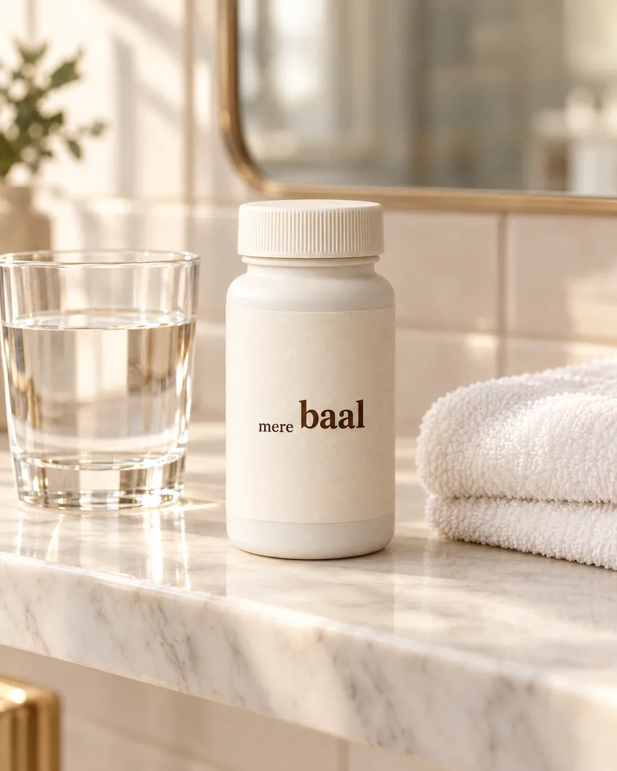 A MereBaal bottle on a bathroom shelf