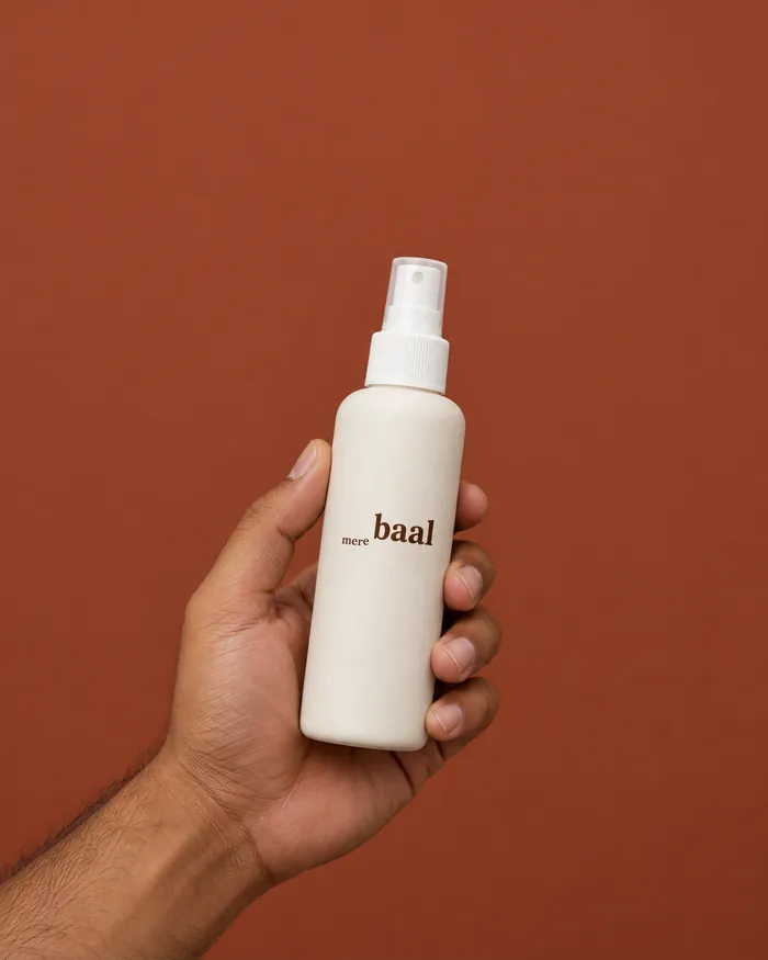 A hand holding a MereBaal spray bottle